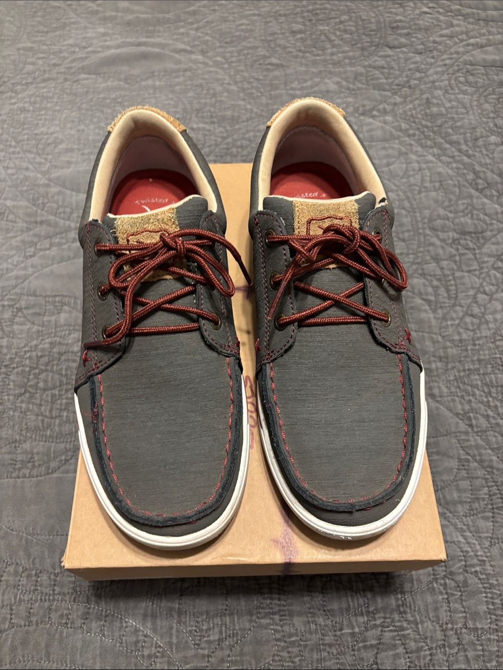 Twisted X Women’s Charcoal Boat Shoes with Burgundy Laces